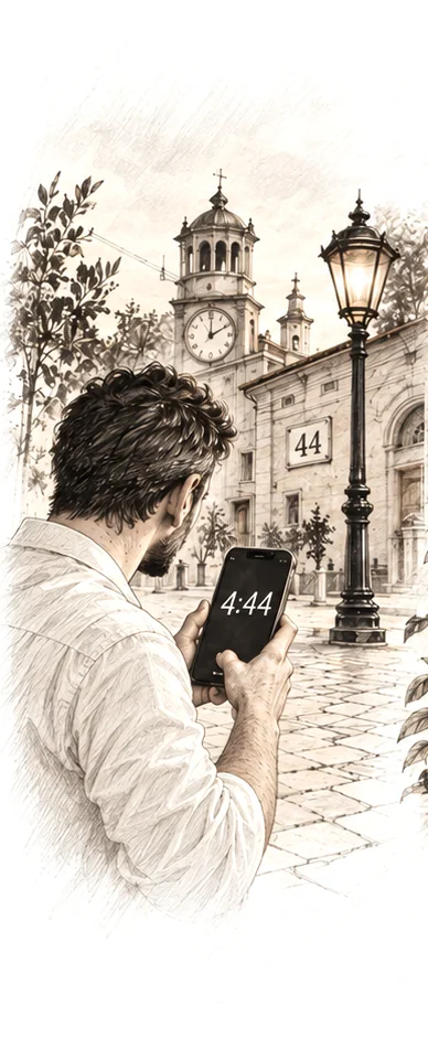 Uomo di spalle in una piazza guarda il telefono che segna 4:44, con la targa 44 alle spalle: notare il 444 in numerologia