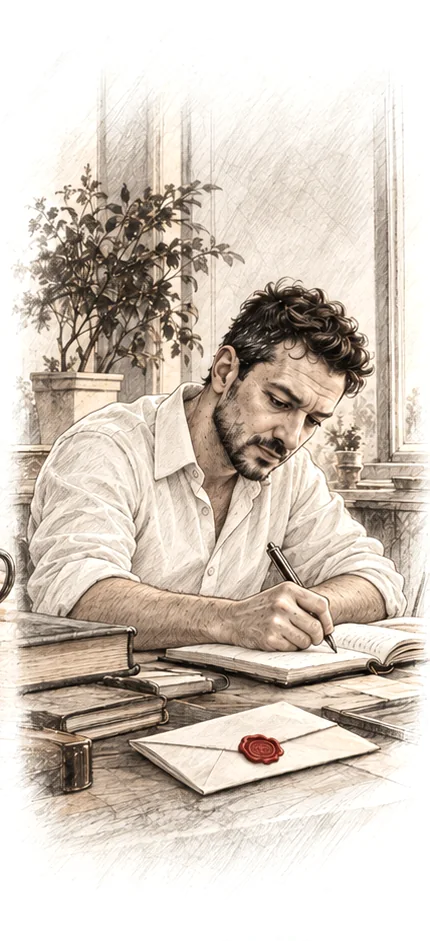 Uomo seduto alla scrivania scrive deciso su un quaderno: dopo aver decifrato il 444 passa all'azione