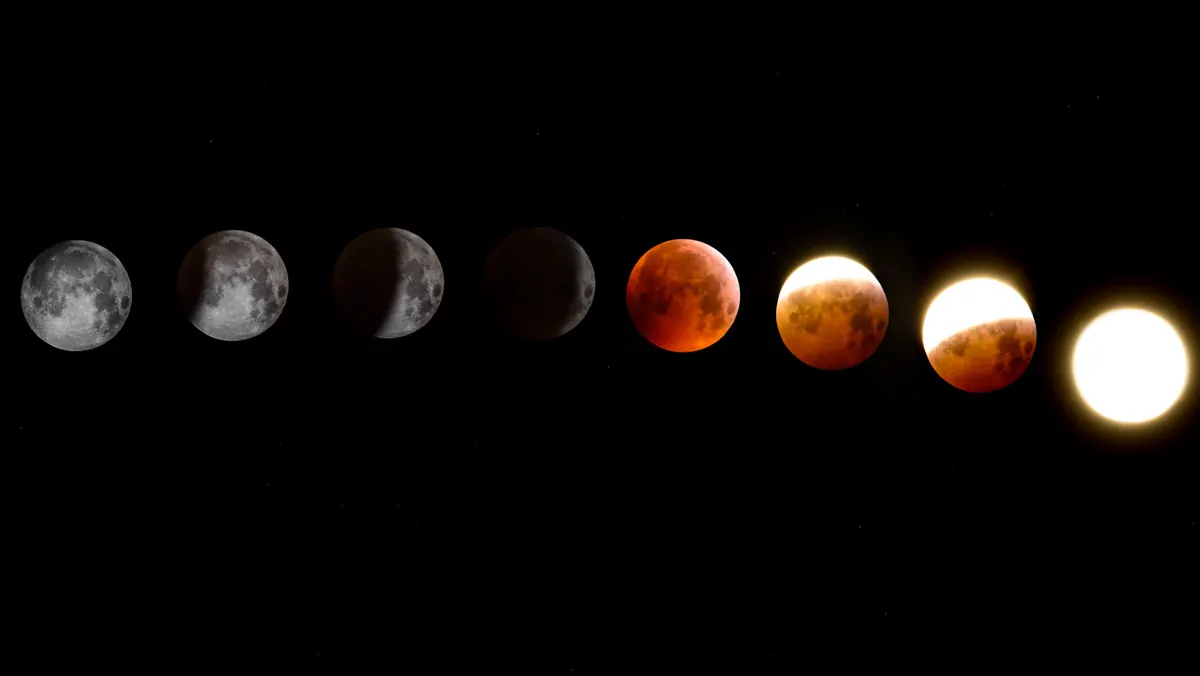 Le fasi di un'eclissi di luna in sequenza