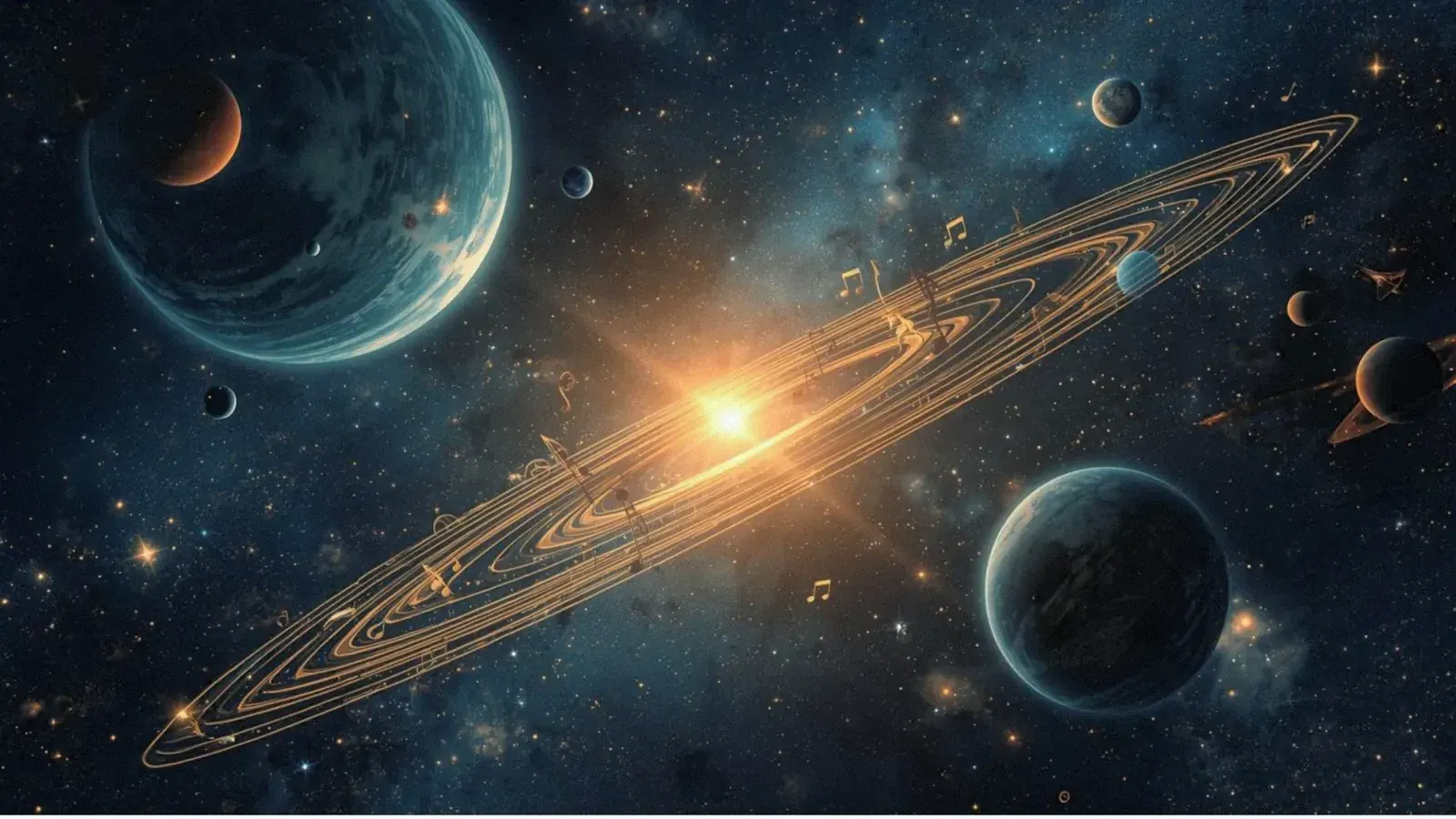Pianeti e stelle nello spazio con una spirale dorata di note musicali attorno a un sole luminoso