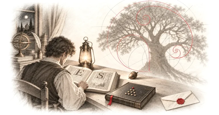 Studioso del Seicento legge un manoscritto alla lanterna; sull'ombra di una quercia una spirale aurea in rosso: il Numero del Destino