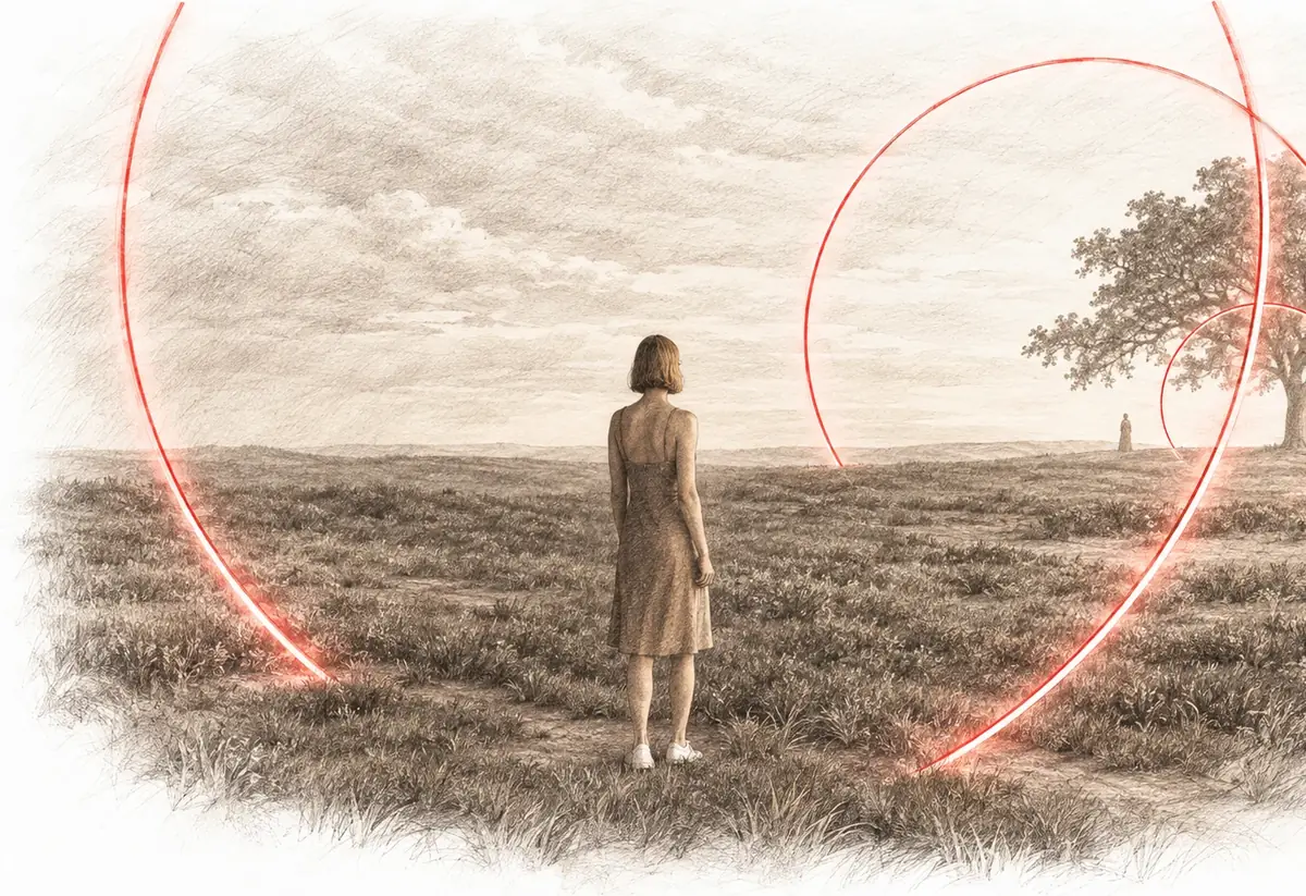 Disegno a matita seppia di una donna in un campo tra cerchi di luce rossi: il simbolo della lettura numerologica