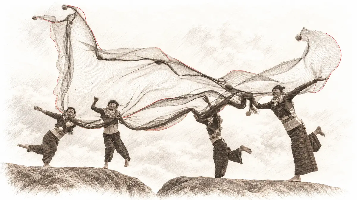 Disegno a matita seppia di persone che saltano reggendo una rete al vento, con un filo rosso