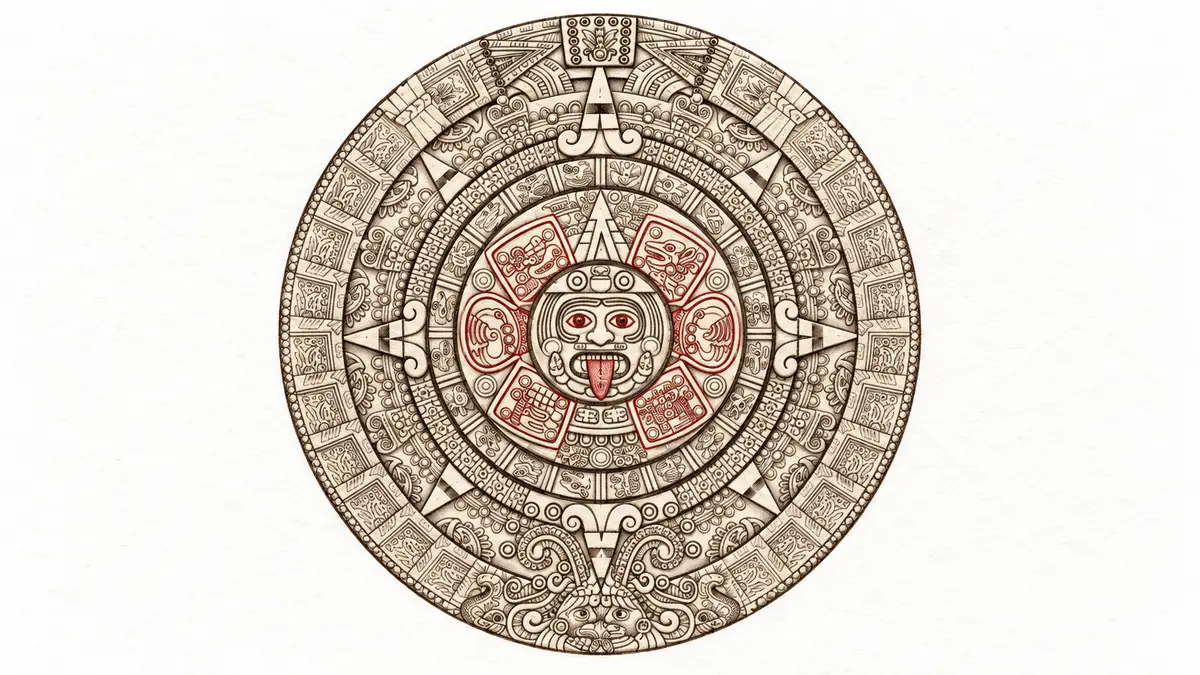 Disegno a matita seppia del calendario di pietra: l'analisi numerologica del periodo attuale e dell'Anno Personale