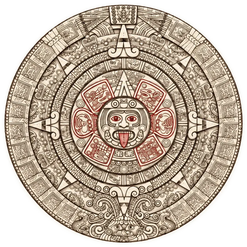 Disegno a matita seppia del calendario di pietra azteco, con i simboli interni in rosso
