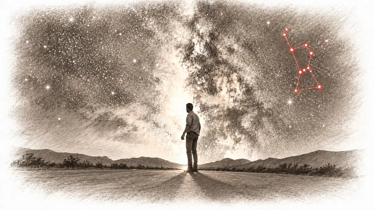 Disegno a matita seppia di una persona sotto la Via Lattea, con la costellazione di Orione in rosso