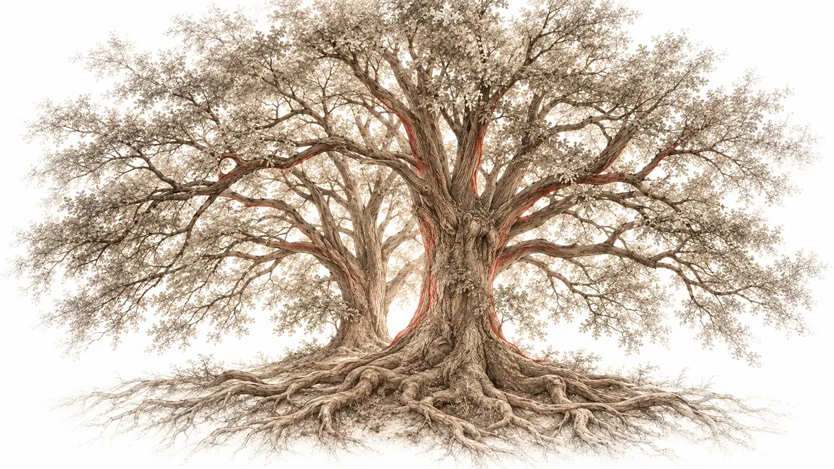 Disegno a matita seppia di un grande albero con le radici, simbolo della lettura numerologica genealogica
