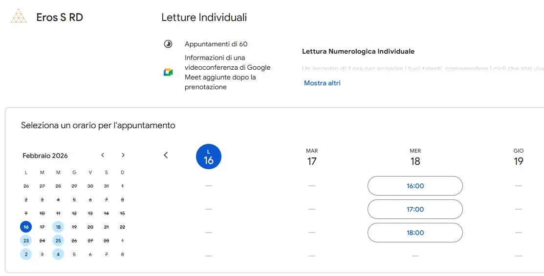 Il calendario per prenotare una lettura numerologica